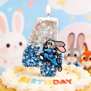 Glitter Blue Number Birthday Candles, Cute Rabbit Themed Sparkle Cake Toppers for Kids Birthday Party, Baby Shower, Anniversary Celebration Decorations, 0-9 Numeral Candles Set with Sequins for Cake Decor