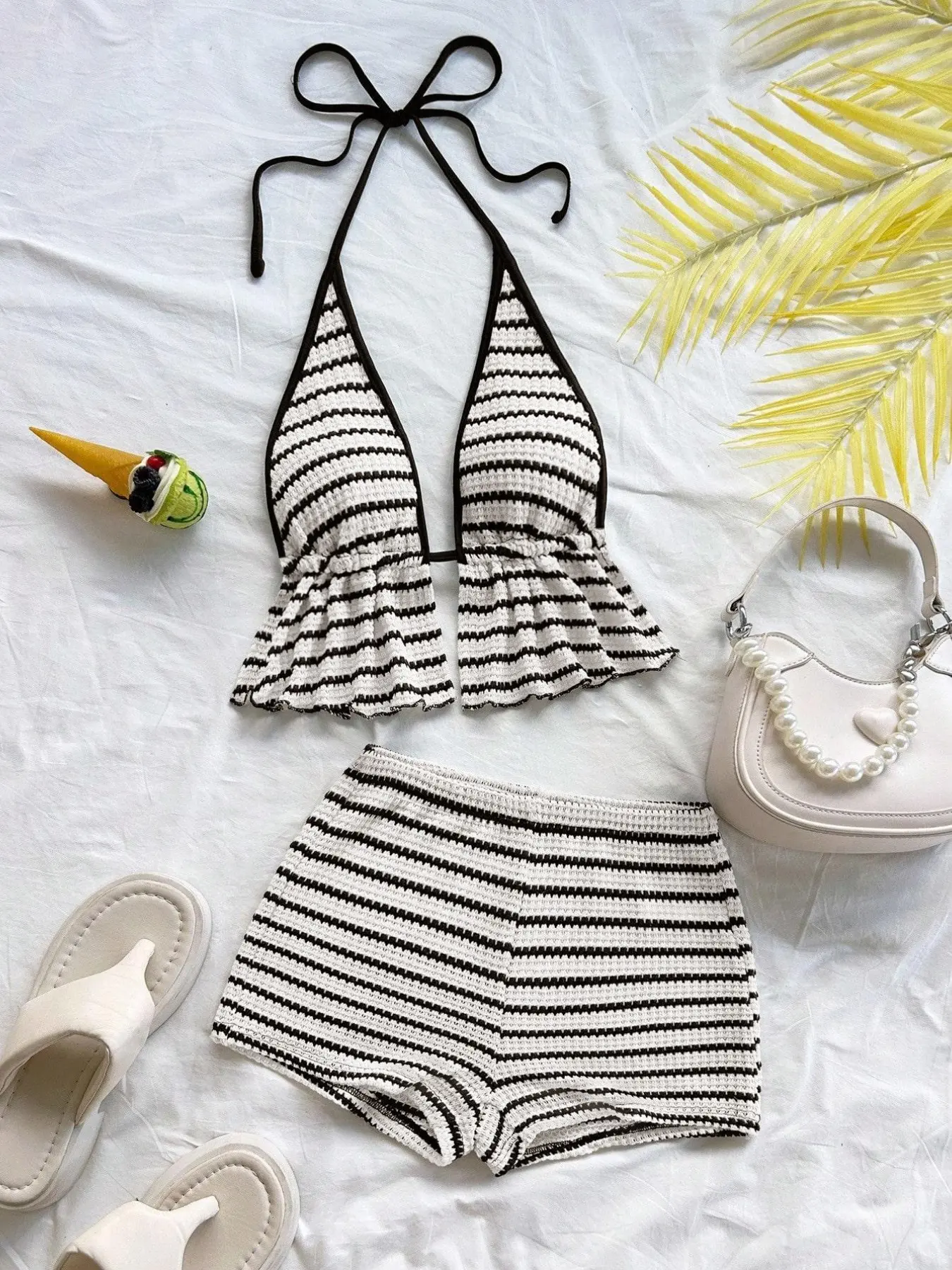 Women's Sexy Lightweight Colorblock Backless Bow Tie Ruffle Top and Shorts Set, Striped Pineapple Beach Vacation, Two-Piece Summer Ensemble, Beachwear, Beach Outfits Set, Striped Knit Sets, Tops Shorts Set