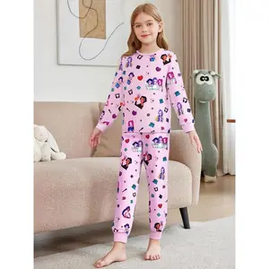 Girls' Long Nightwear Set 110-160 Cm, Kpop Idol Cartoon Print, Casual Home Wear, All Seasons, Loose Fit, Moderate Fabric Thickness