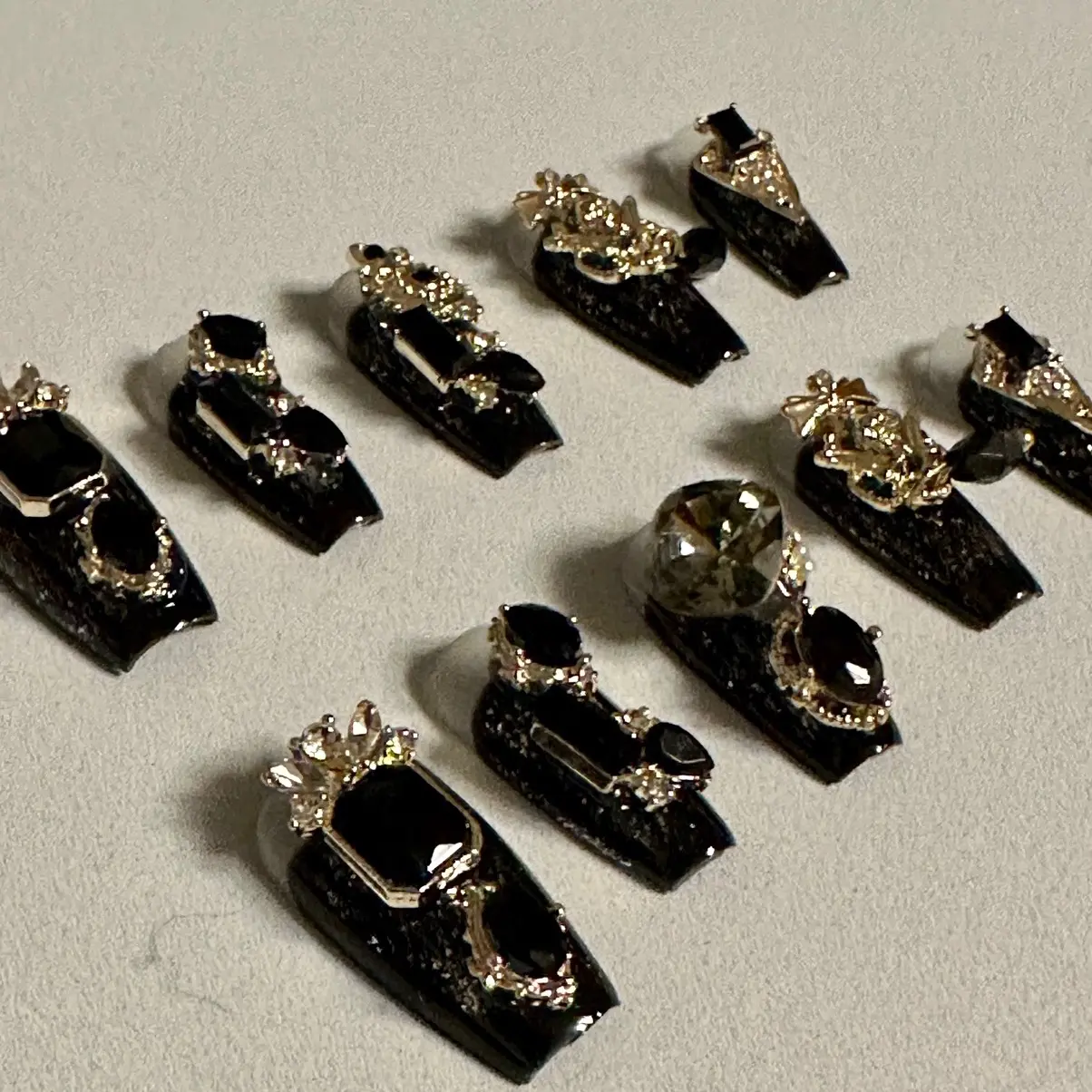 IHeartBeaute - coffin black dark k9 high quality gem stone rhinestone crystal medium length handmade press on nails