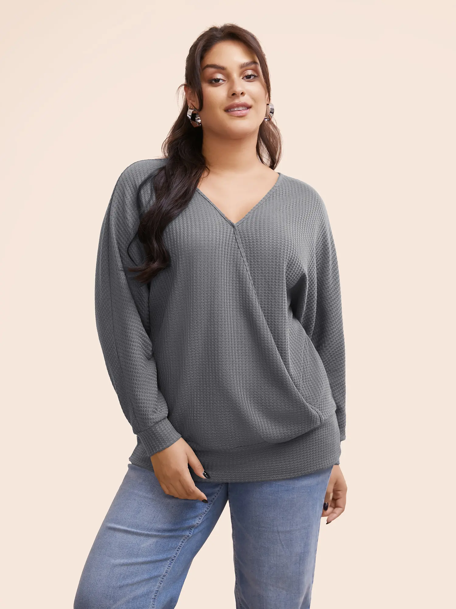 BloomChic Plus Size Women's Waffle Knit Top - Casual Wear, Long Sleeves, Oversize Cut, Wrap V-Neck, Loose-Fitting Oversized Pullover Knitwear for Lady, Tops,Back To School,Fall Pick, Spotlight Day