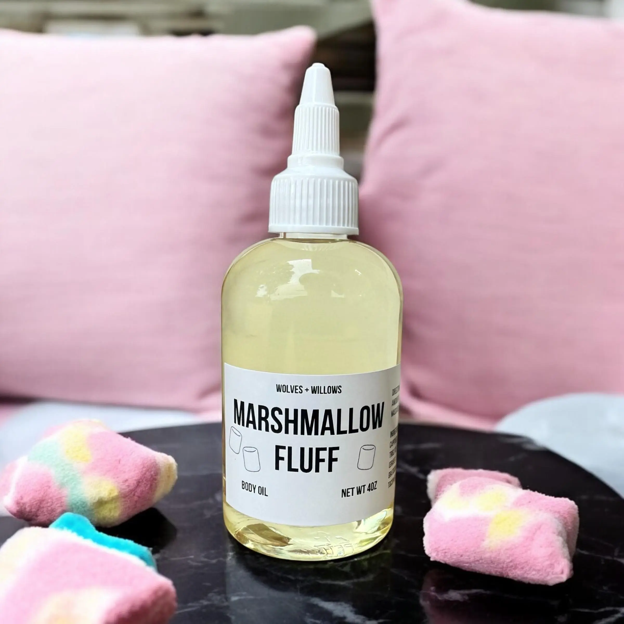 Wolves & Willows Scented Marshmallow Fluff Dry Body Oil - Vanilla/Blueberry Options - Lightweight Non-Toxic Phthalate-Free Formula - 2oz/4oz - Coconut, Avocado, Berry Blend with Aroma, Moisturizer, Gentle, Cream