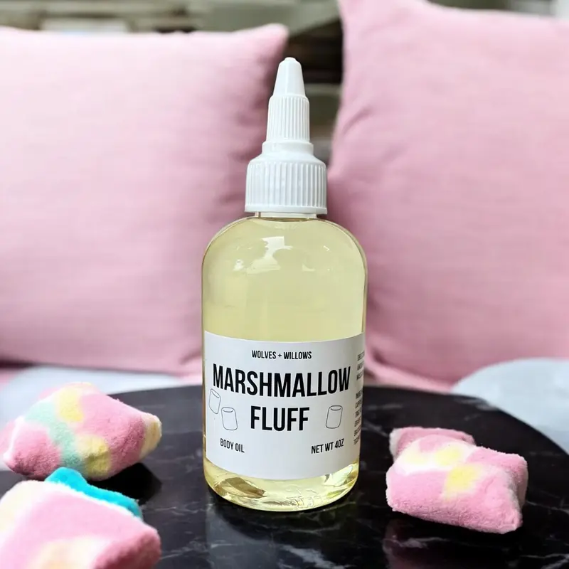 Wolves & Willows Scented Marshmallow Fluff Dry Body Oil - Vanilla/Blueberry/Strawberry Scent Options - Lightweight Nontoxic Beauty Formula - Phthalate-Free - 2oz/4oz - Coconut, Avocado, Berry Blend - Smooth Moisturizer for Soft Skin - Gentle - Lemon Aroma