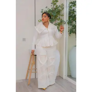 White Denim & Diamonds 2-Piece Set, Matching Rhinestone Peplum Top + Wide-Leg Pants, Statement Birthday Outfit