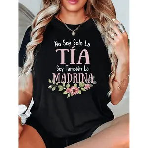 Women's Tia & Madrina Spanish Quote Tee: Black with Pink Lettering, Lightweight Comfortable Summer Top, Perfect Gift for Spanish-Speaking Aunties & Moms