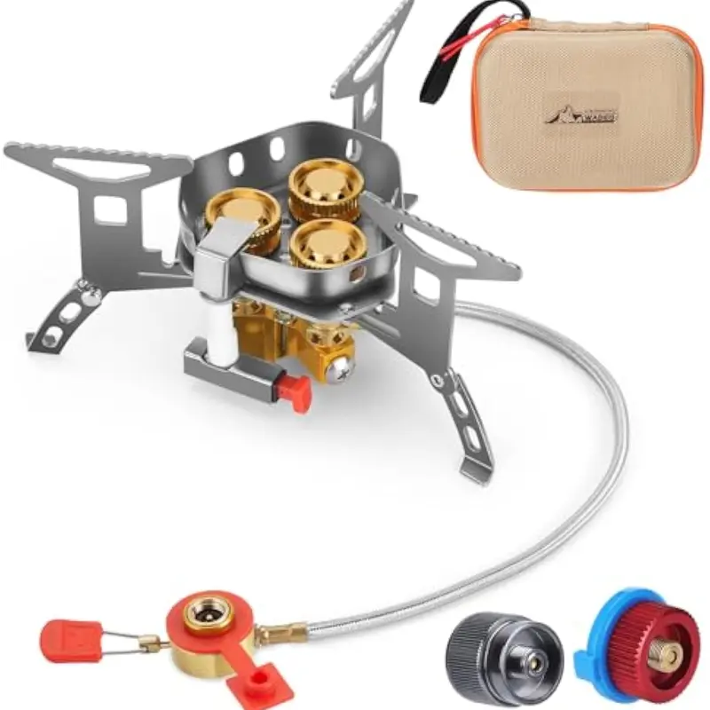 WADEO 6800W High Power Windproof Camp Stove - Piezo Ignition, Brass Burners, Butane Gas Bottle Adapter, Flame Control Knob, Carry Case, Compatible with 3 Kinds of Gas Canister, Camping Accessories for Backpacking