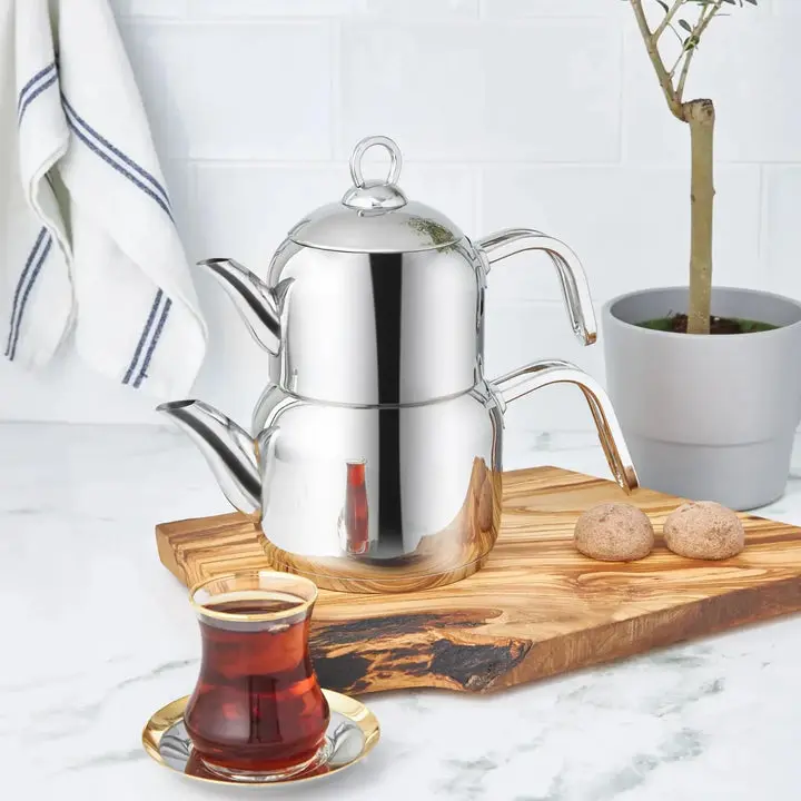 Karaca Manes Stainless Steel Mini Teapot Set, 0.85L/1.2L, Induction Compatible, Metal Finish