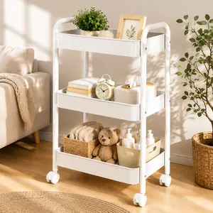 This three-tiered plastic multi-functional trolley with wheels and handles is a mobile storage trolley suitable for offices, living rooms, and kitchens. It's a portable storage and organization rack. gift