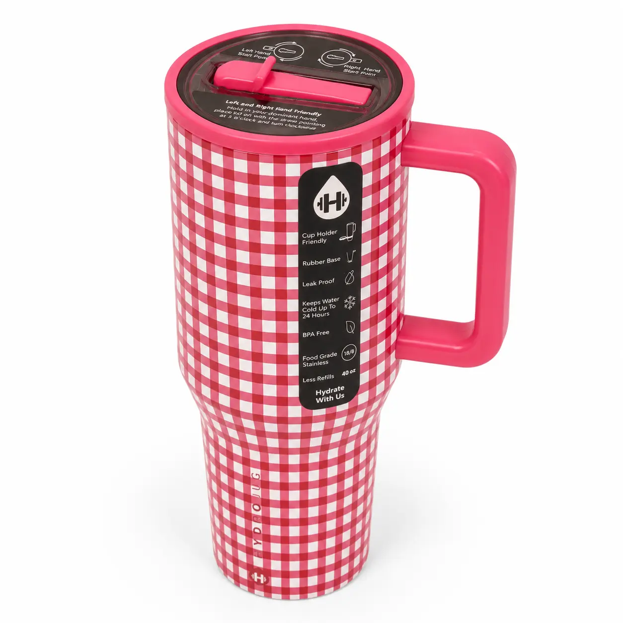 HydroJug 40oz Pink Gingham Insulated Tumbler with Handle & Straw – Stainless Steel Leak-Resistant Travel Water Bottle, Cup Holder Friendly Large Mug for Women, Work, Gym & Daily Use