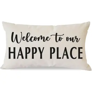 Decorative Throw Pillowcase Cover 12x20 Inch Welcome to Our Happy Place Sage Green Outdoor Spring Summer Farmhouse Front Porch Patio Decor Lumbar Cushion Case Decoration for Living Room Sofa Couch B