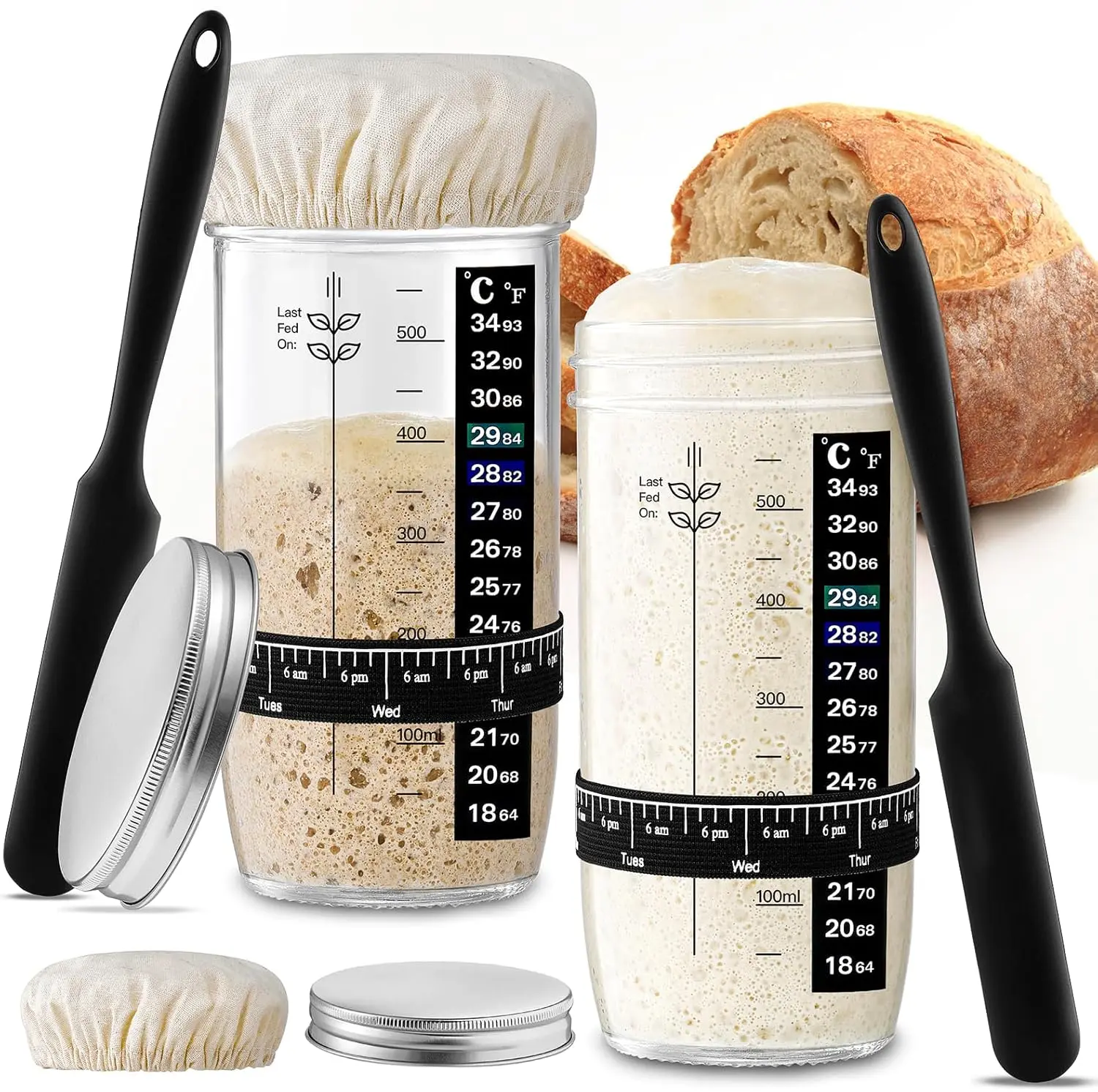 2-Pack 24 oz Wide Mouth Glass Sourdough Starter Containers, Dustproof Kitchen Storage Containers with Date-Marked Feeding Strip, Elastic Cloth Cover, Metal Lid & Default Bread Baking Utensil Supplies, Breathable, Measurement