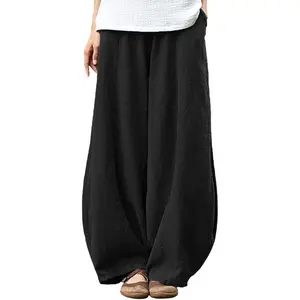 Women's Casual Cotton Linen Baggy Pants with Elastic Waist Relax Fit Lantern Trouser