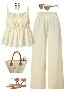 Summer Women's Set, Elegant Aesthetic Tank Top with Wide Leg Pants, Perfect for Vacation, Sister for Photoshoots, Stylish Summer Fashion