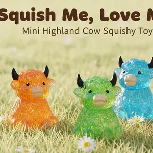 Flash Powder Highland Cow Squishy Set, Colorful Transparent Soft Tpr Mini Cute Animal Stress Relief Toy, Cute Animal Slow Rising Sensory Fidget Rebound, Perfect for Holidays & Parties