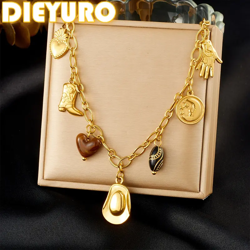 DIEYURO 316L Stainless Steel Golden Avocado Palm Moon Heart Pendant Melard Necklace Lady Vintage Waterproof Neck Chain Jewelry