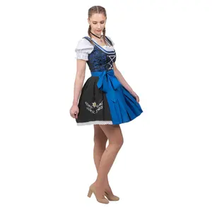 Traditional German Dirndl Dress Set - Short Black Dirndl Dress with Lace Detailing, Blue Apron and White Crop Top Blouse