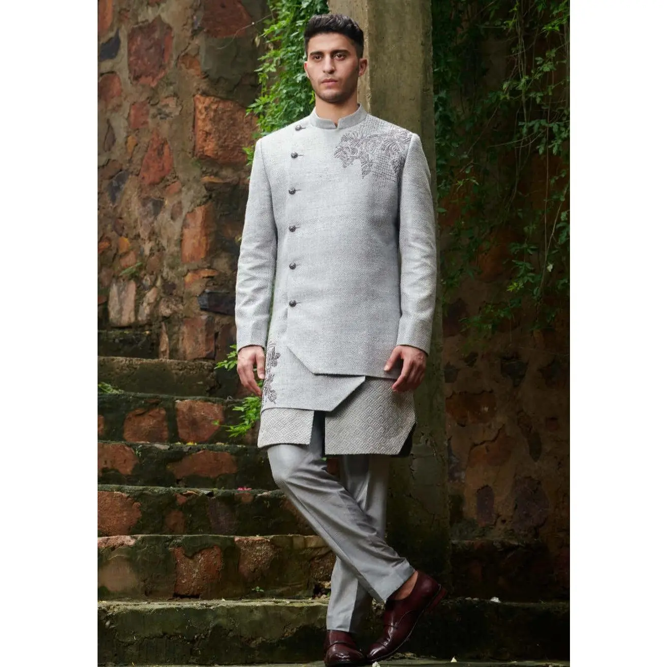 Gray layered sherwani and pants