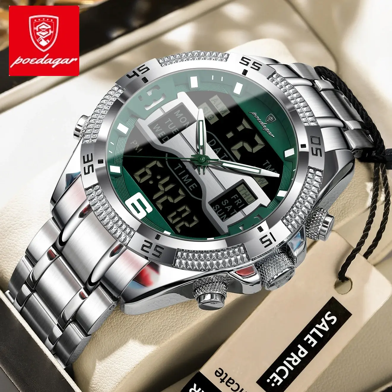 POEDAGAR Men's Luxe Classy Large-Face Stainless Multi-Parameter Dual-Display Sports Chronograph Watch - Quartz, Dual-Time Zone, Digital Weekly Calendar, Date, LED Illumination, Large-Face Digital Watches, Stainless Digital Watches