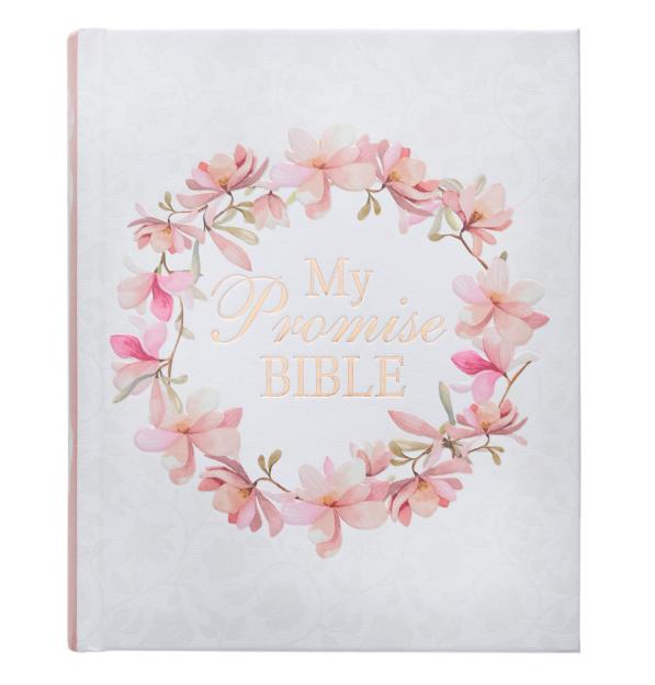 Holy Bible  My Promise Edition, Hardcover with Tabs, Stickers & Ribbon Markers, KJV, White & Pink Floral Wreath