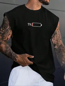 Men's Low Battery Graphic Print Sleep Tank Top, Casual Fitted Knitted Sleeveless Crew Neck Tee for Men, Comfy Loungewear Nightwear for Daily Wear