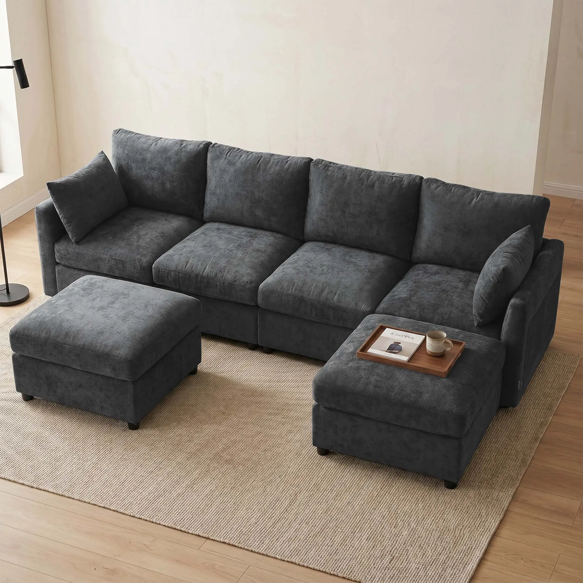 Tbfit U-Shaped Configurable Sectional Cloud Sofa, 4-Seater Chenille Sectional Couch with 2 Movable Ottomans, Spring Cushions, Deep Seat, Indoor Living Room 4-Seater Sofas & Couches, Black,dorm essentials,home decor