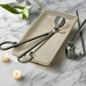Candle Care Set - Stoneware Tray, Metal Candle Snuffer, Wick Trimmer, and Wick Dipper