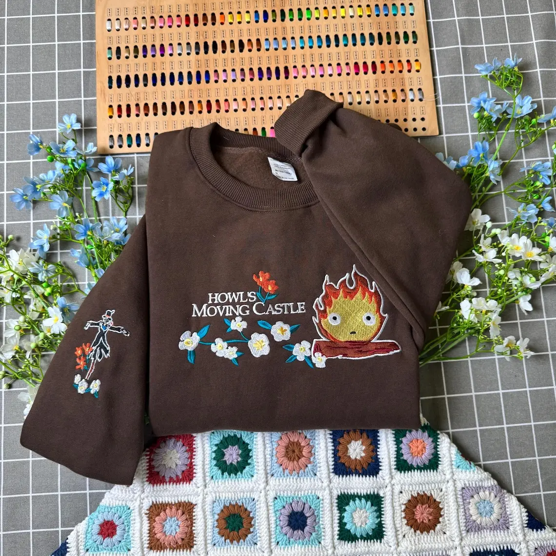 Calcifer Embroidered Sweatshirt Hoodie, Howl’s Moving Castle Ghibli Anime Crewneck, Cozy Fantasy Unisex Gift.