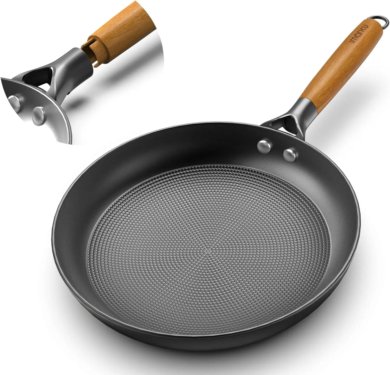 imarku Non Stick Frying Pans 10inch Frying Pan Nonstick with Detachable Wooden Handle, Egg Pan Honeycomb Cast Iron Skillet Pan, Dishwasher Safe, Oven Safe To 500°F Pans Cookware