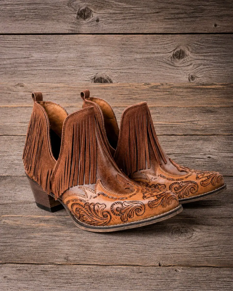 Wild Ember Fringed Handtooled Leather Booties in Golden Rust by Myra Bag