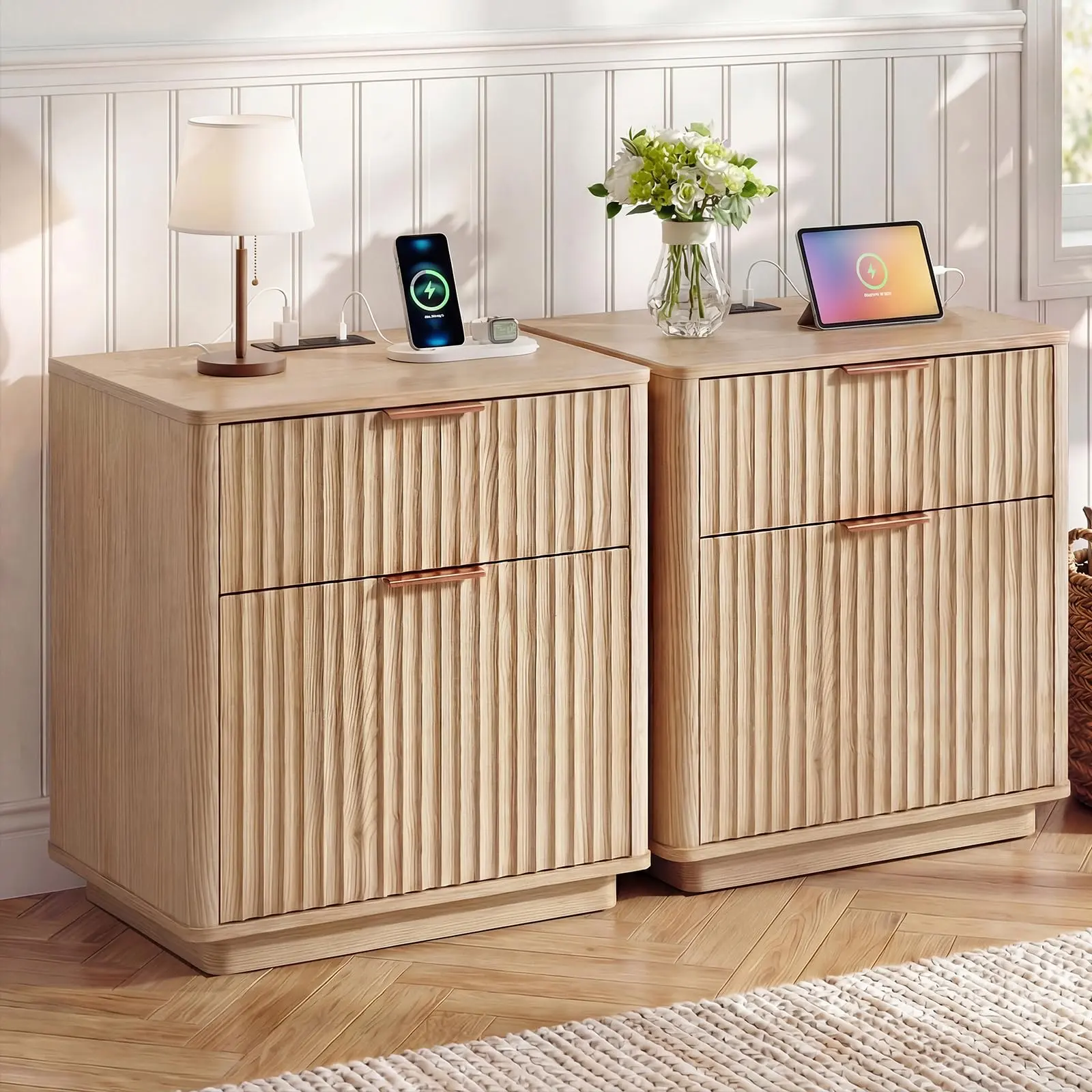 Fluted Nightstand with 2 Drawers, 23" Wide Modern Night Stand, Wood Nightstand with Curved Profile, Modern Side Table for Bedroom, Living Room