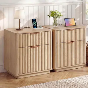 Fluted Nightstand with 2 Drawers, 23" Wide Modern Night Stand, Wood Nightstand with Curved Profile, Modern Side Table for Bedroom, Living Room