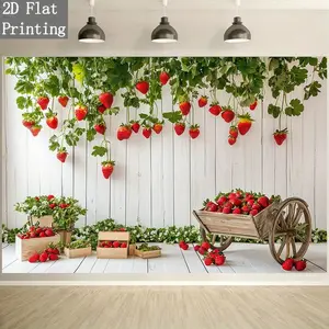 2D Flat, 2D Flat 1pc Fresh Strawberry Garden Party Backdrop - Vibrant Polyester Scene with Lush Greenery & Red Strawberries, Perfect for Weddings, Baby Showers, And Romantic Celebrations, Multipl