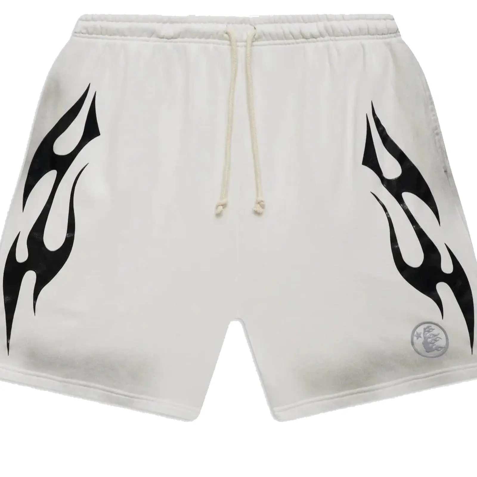 Hellstar Flame Shorts White & Grey, Authentic, Elastic Waist, Drawstring, Streetwear Shorts, Casual Everyday Bottoms