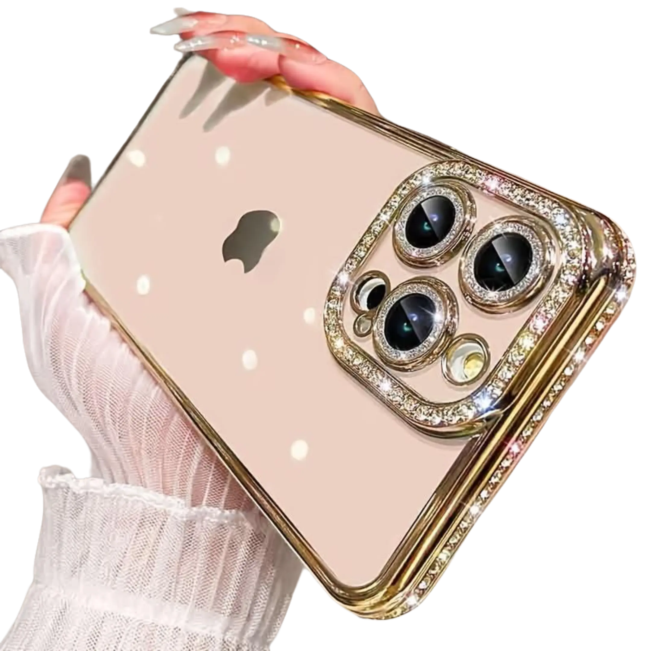 Luxurious Sparkling Crystal Clear Wireless Charging Plated Phone Case For iPhone 17pro/12/13/14/15/16 Pro Max Plus With Shockproof Band, Glitter Camera Lens Protector, And Back Cover, Drop Protective Phone Cases, for iPhone 17 Pro Max