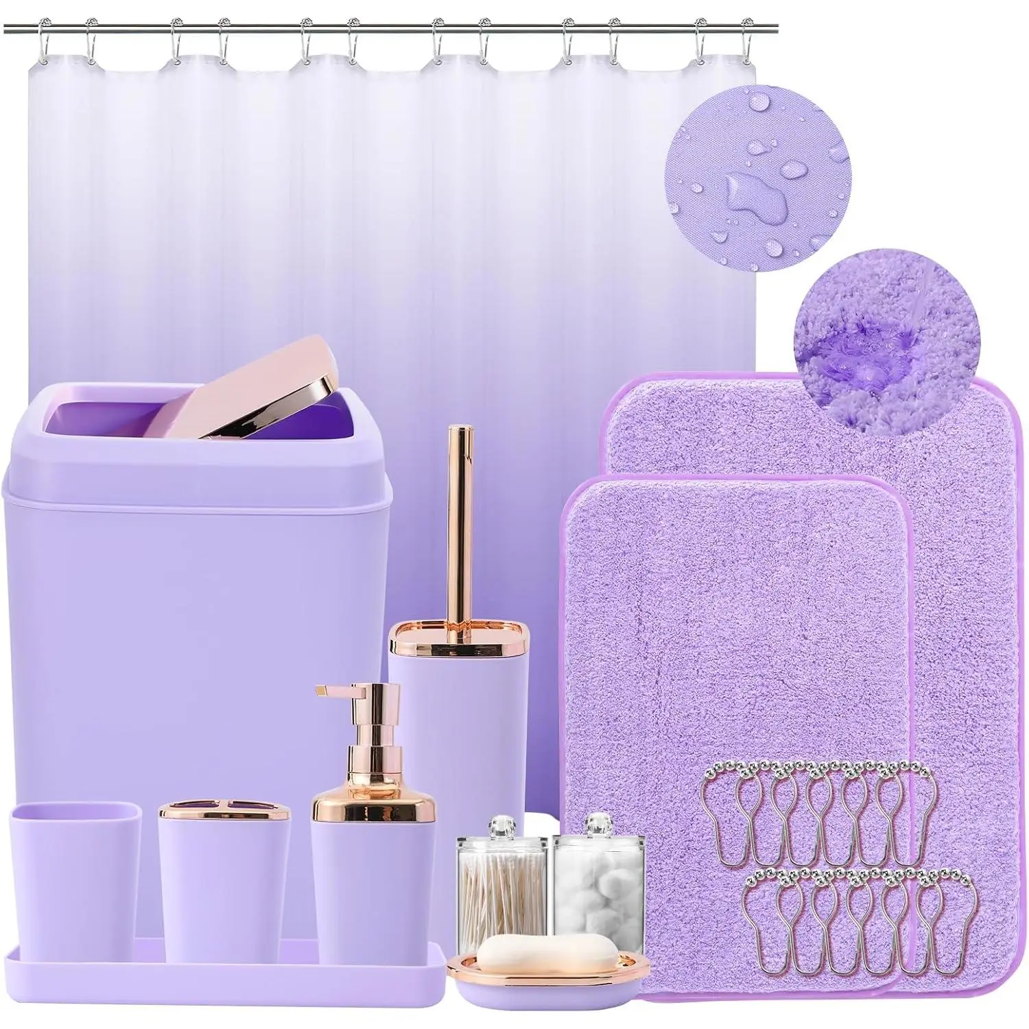 Bathroom Accessory Set–Bathroom Sets with Shower Curtain and Rugs, Non Slip Bathroom Rugs Super Absorbent, Light Purple Ombre Shower Curtain with Hooks, Lavender Bathroom Sets Complete for Home