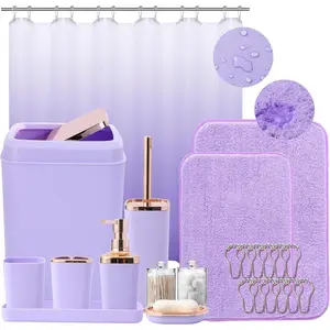 Bathroom Accessory Set–Bathroom Sets with Shower Curtain and Rugs, Non Slip Bathroom Rugs Super Absorbent, Light Purple Ombre Shower Curtain with Hooks, Lavender Bathroom Sets Complete for Home