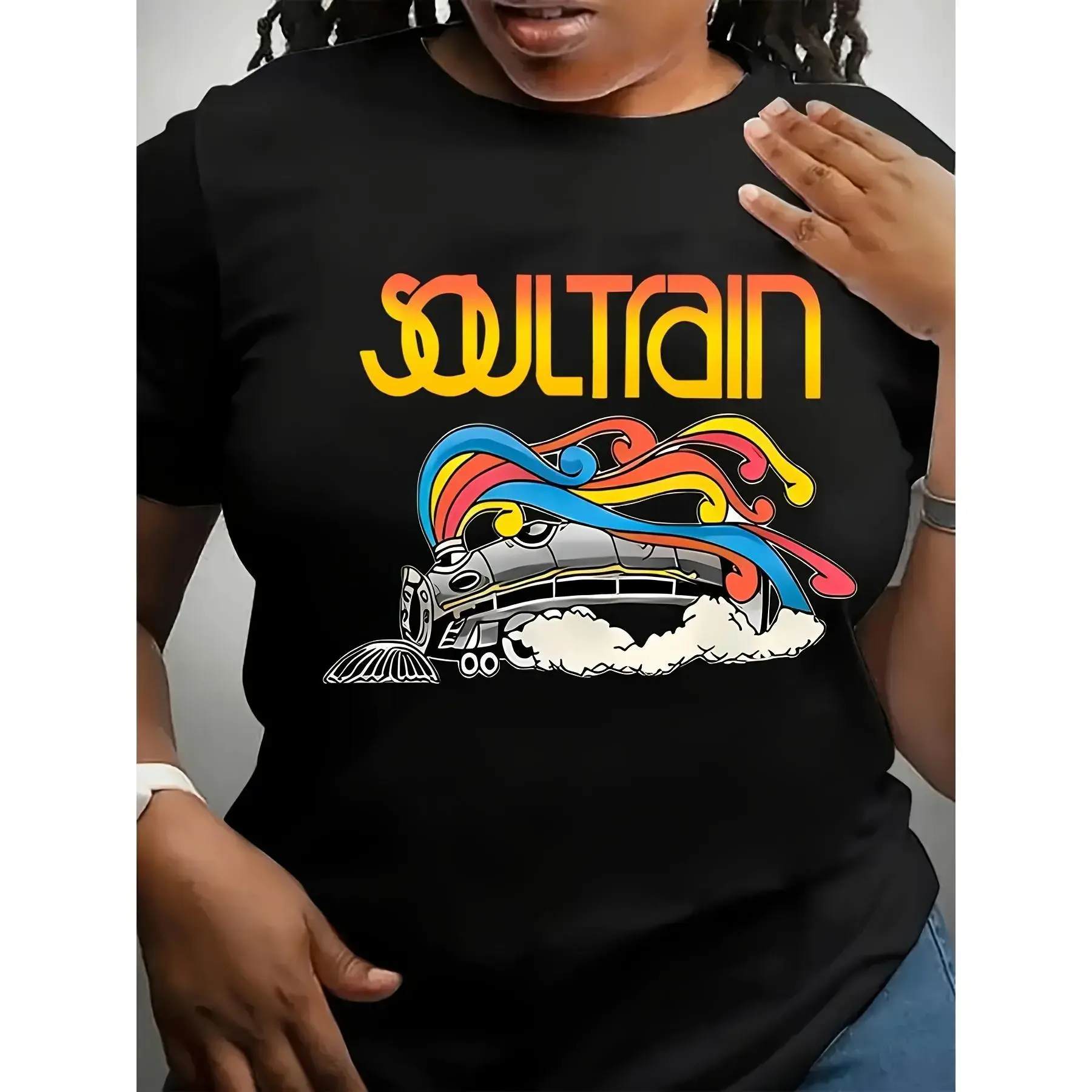 Women's Trendy Round Neck Short Sleeve T-Shirt - Retro Chic, Fitted Cut, Stretch Cotton Fabric, Soul Train Graphic Logo, Bright Colors, Casual Wear