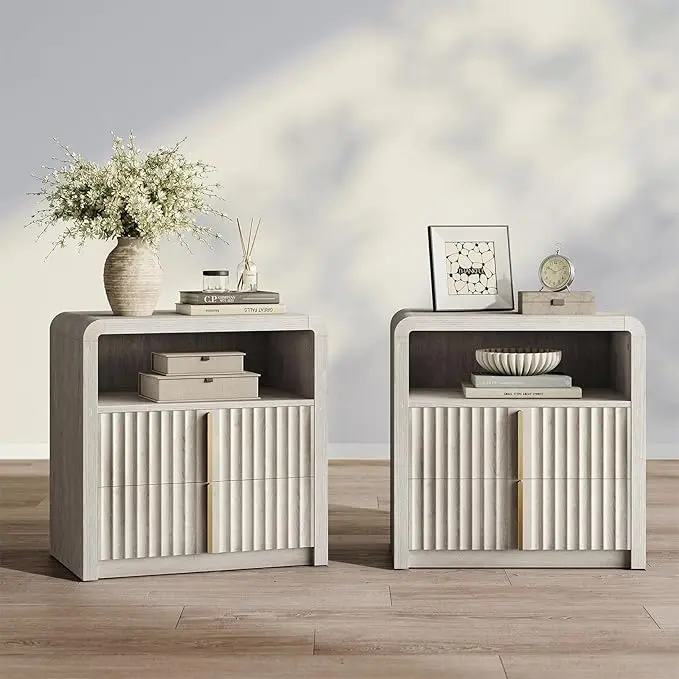 ModernMate 2-Piece Fluted Nightstand Set - 23.6" White Alder Narrow Arc-Edge 2-Drawer Contemporary Furniture with Wave Detailing, Solid Metal Handles, Thick Pedestal Base, Glide Drawers for Bedroom, Arch Edge Bedroom Furniture