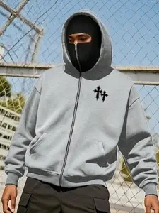 Unisex design, street style, Long sleeves, versatile winter street cap hoodie with a Balaclava style, featuring a cross-stitch Graphic pattern, Durable, suitable for cold weather, perfect for streetwear, motorcycle travel, cycling, outdoor activities