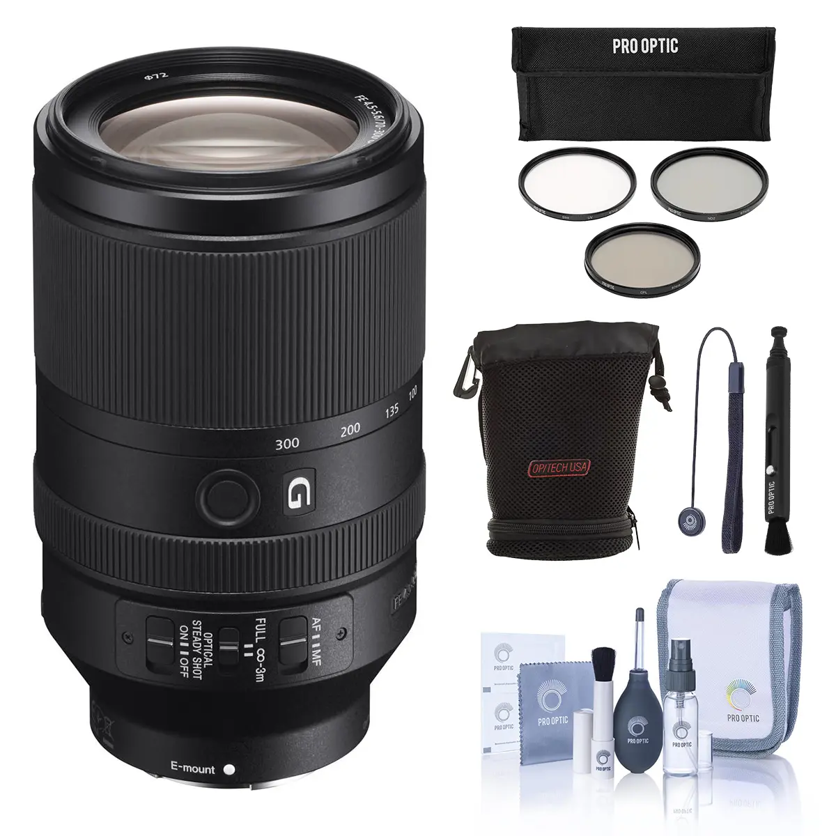 Sony FE 70-300mm f/4.5-5.6 G OSS Lens, Bundle with 67mm Filter Kit, Lens Pouch, Lens Cleaner, Cleaning Kit and Lens Cap Tether