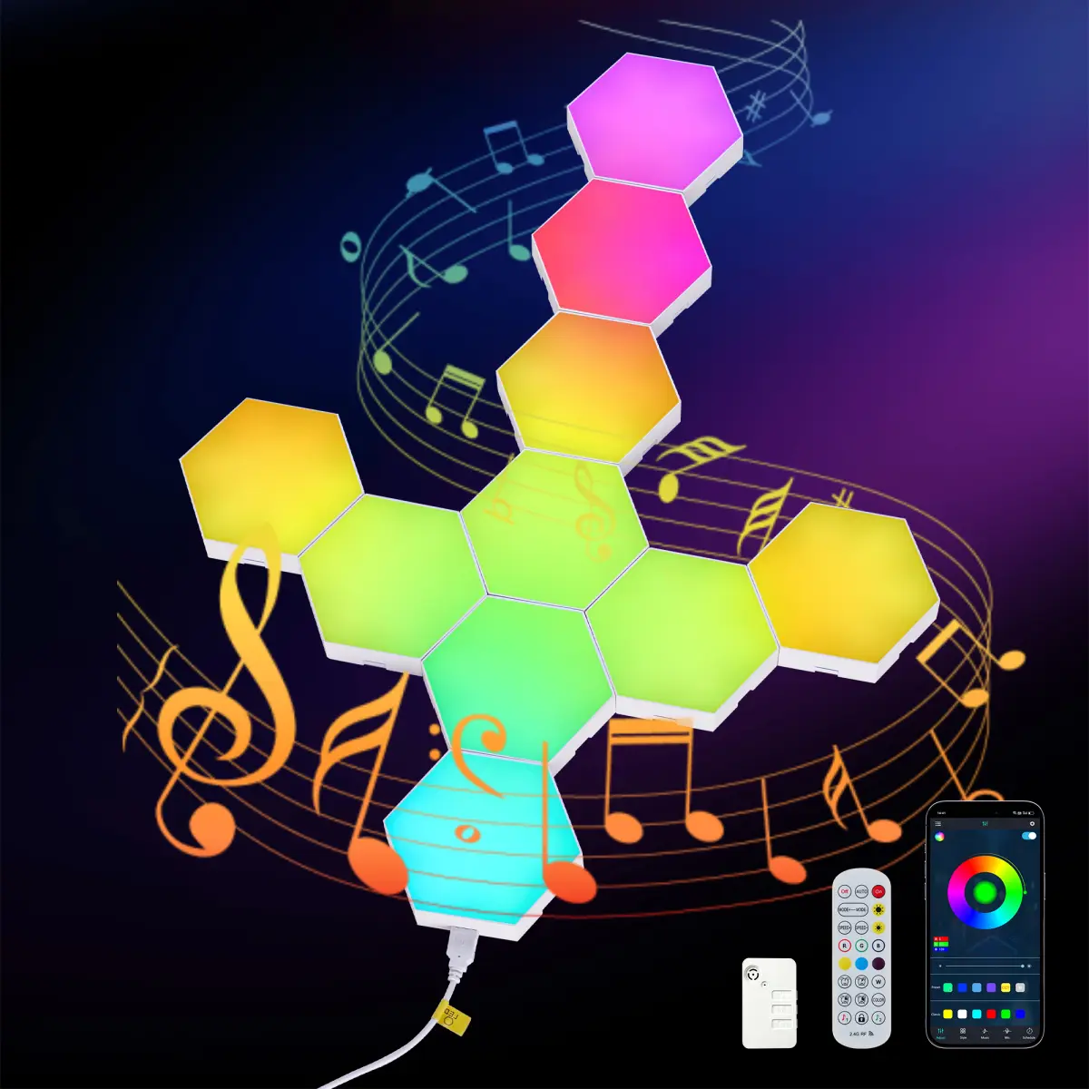 Garwarm Hexagon Lights (10 Pack or 20 Pack) LED Wall Panels, RGB Gaming Lights with remote control and music synchronization, Honeycomb Lights Wall for Gaming Room, Bedroom Decor, Kids, Adults