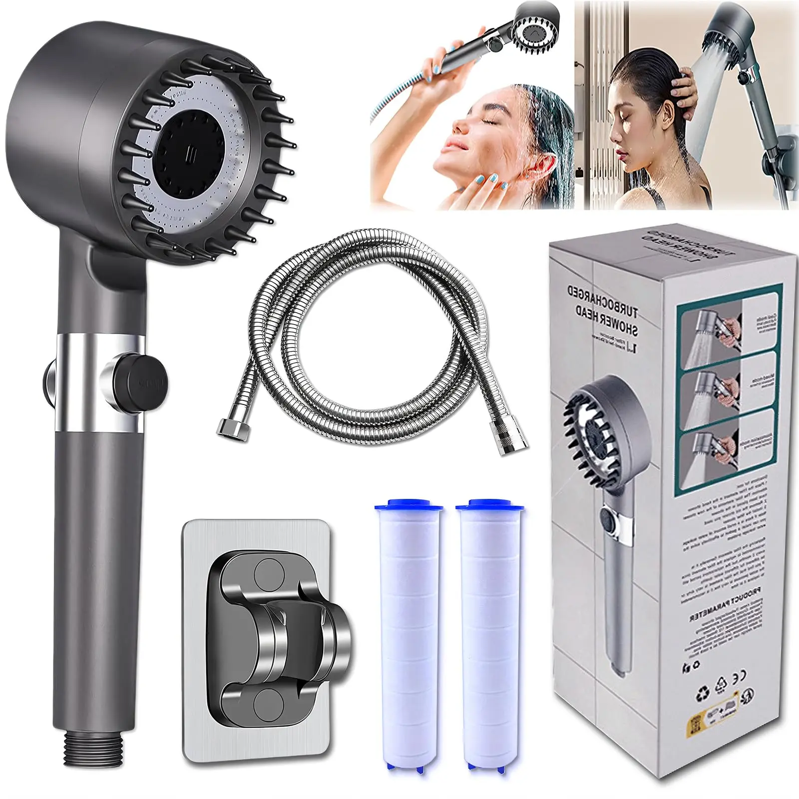 Adjustable Turbocharged Filtered Shower Head - Softens Hard Water, Powerful Shower Spray, Rain Shower, High-Pressure, Water-Saving, Massage Modes, Hair Care, ABS, Hair Loss Prevention, Blood Circulation Boost for Bathroom Spa Use, Turbocharged Shower Head