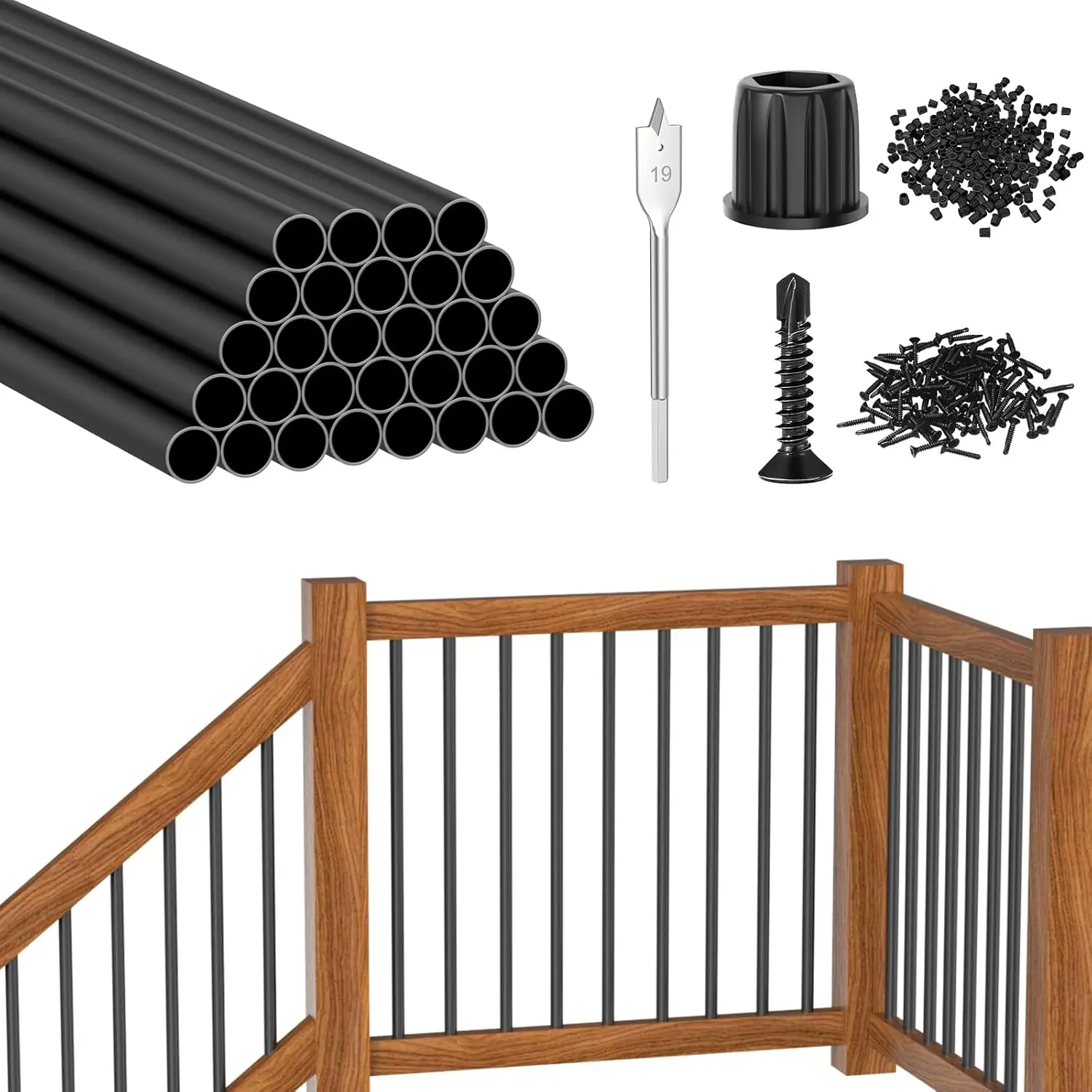 30 Pack 26" Round Aluminum Deck Balusters, 3/4" Diameter Hollow Round Black Aluminum Balusters for Deck Railing, Metal Deck Baluster Staircase Spindles with Screws/Conector for Railing Fencing R26