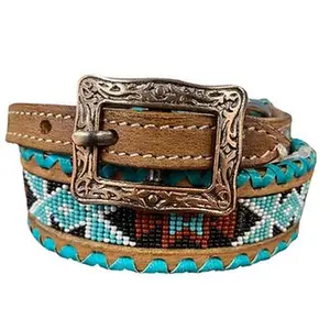Turquoise & White Beaded Leather Dog Collar