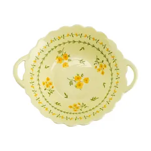 Golden Lion 19.1cm Yellow Glazed Floral Rimmed Double Ear Bowl - Japanese Pastoral Style Ceramic Serving Dish