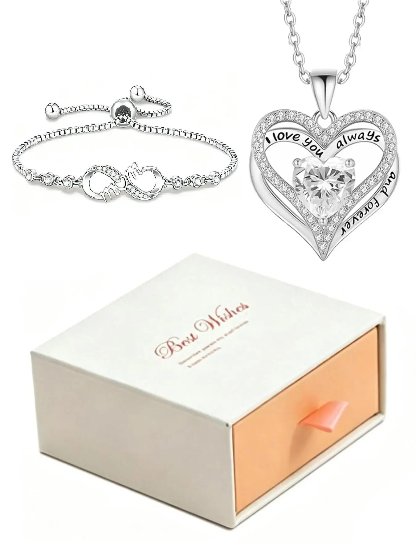 Mother's Day Gift Set, Heart Shine Set, Heart Pendant Necklace & Love Bracelet, Bear Rose Box, Inspirational Card, Elegant Jewelry for Grandma
