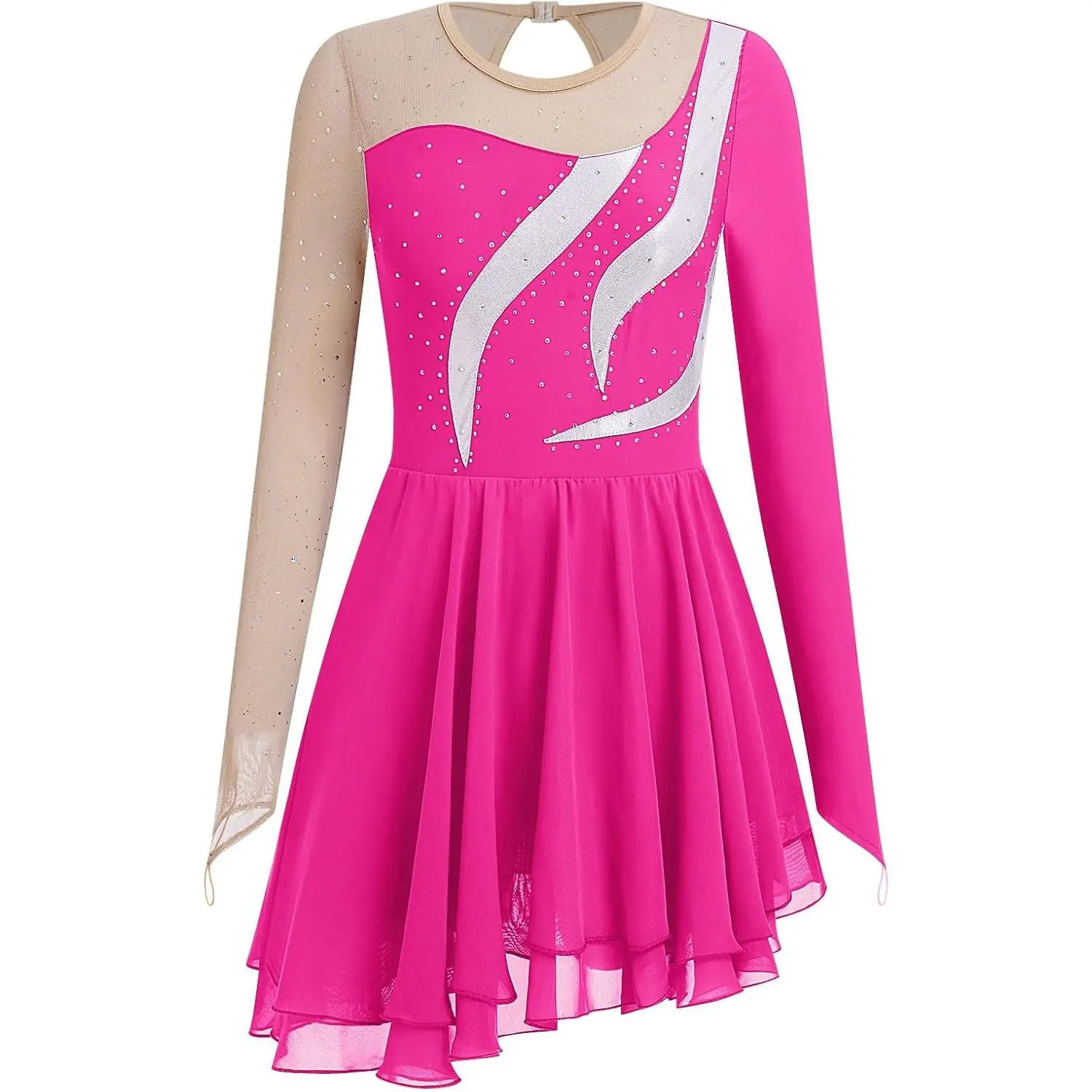 Women's Long-Sleeve Glitter Ice Skating Dress with Chiffon Skirts - Figure Skating & Rhythmic Gymnastics Leotard Alternative (Festive & Party Supplies), Female