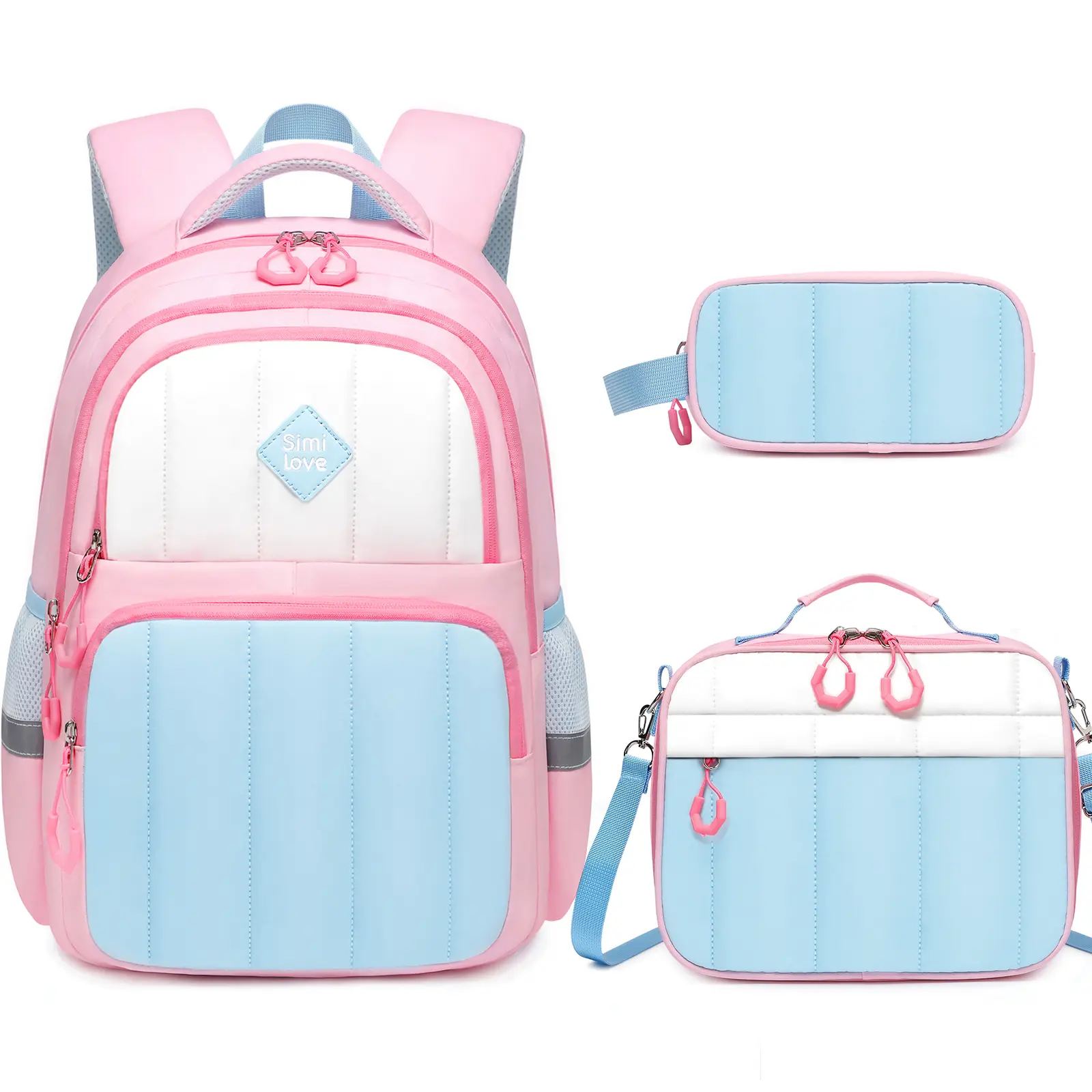 SIMILOVE Cute Quilted Toddler Girls' School Backpack Set (Set of 3) - 15in Multi-Pocket Bookbag, Lunch Box, Pencil Pouch, Crossbody/Shoulder Bag, All Seasons Best Friends Party Gift for 5-8 Year Olds