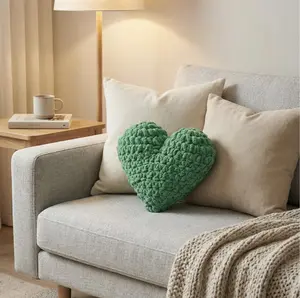 Handmade Crochet Heart Pillow Green Plush Cushion Medium Size Soft Cozy Decorative Pillow for Beds Couches Reading Nooks or Nursery