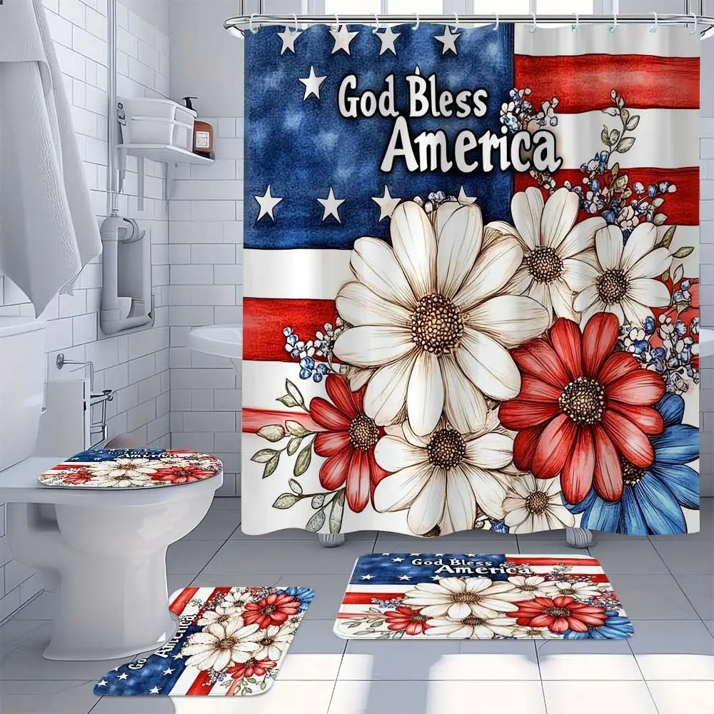 4 PC Independence Day themed bathroom set, Shower Curtain, Bathroom Decoration Accessories, featuring red white and blue florals and patriotic text perfect for home and bathroom decor bold graphic prints add charm to bathroom renovation
